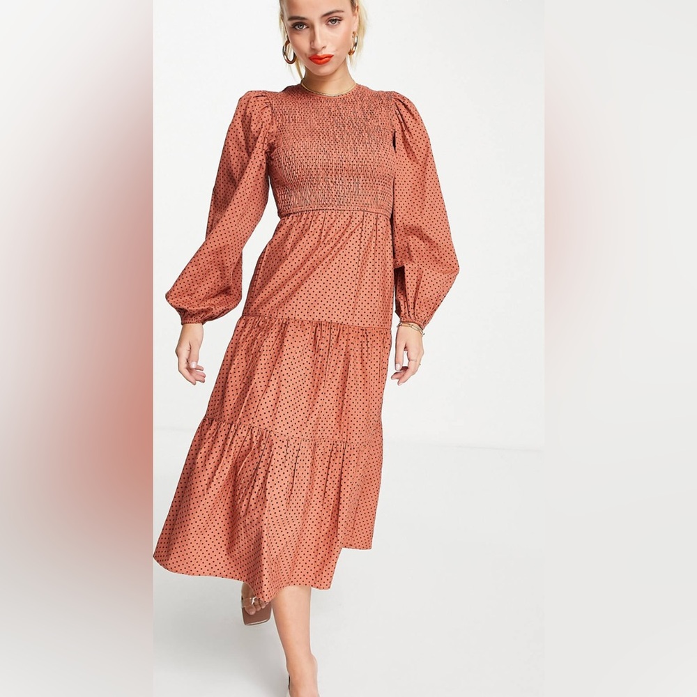 Influence cotton poplin tiered midi dress in rust polka dot Size US8